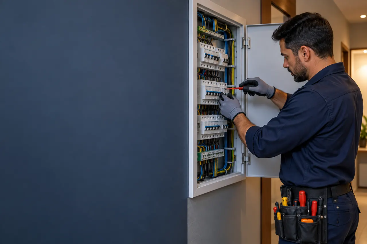 Imagem ilustrativa de eletricista trabalhando em um quadro de distribuição elétrica.